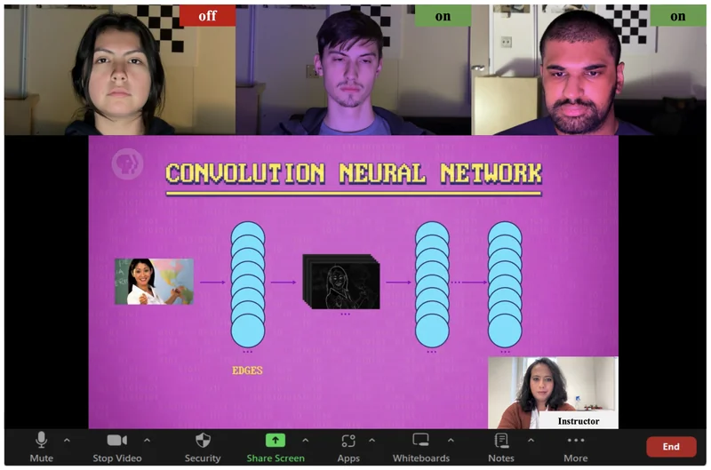 Three video-call participants lit by their monitors, labelled on or off to show whether each feed is live or a deepfake, above a shared slide